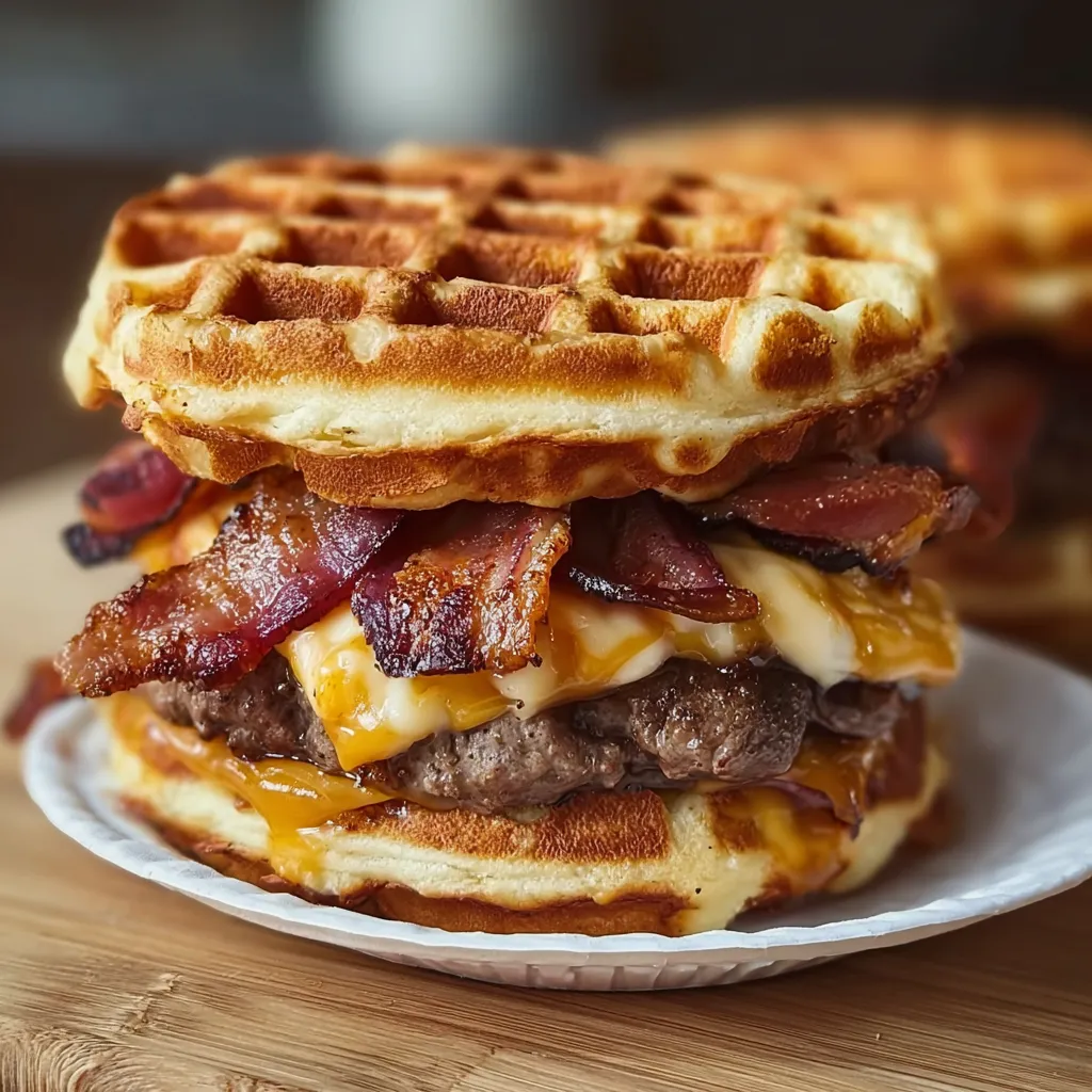 Ultimate Maple Bacon Waffle Burger with Crispy Chicken and Sweet Maple Glaze - secondary view